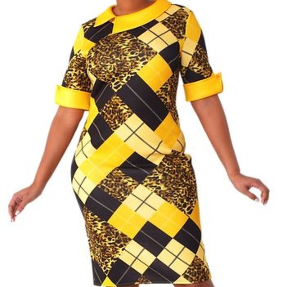 ForHerNYC Dresses & Skirts - Yellow & Black Leopard and Plaid Scuba Dress NWT 1X